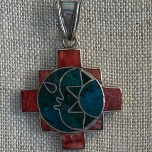 🟡950 Pure Silver Peruvian Cross Turquoise & Orange Necklace Handcrafted